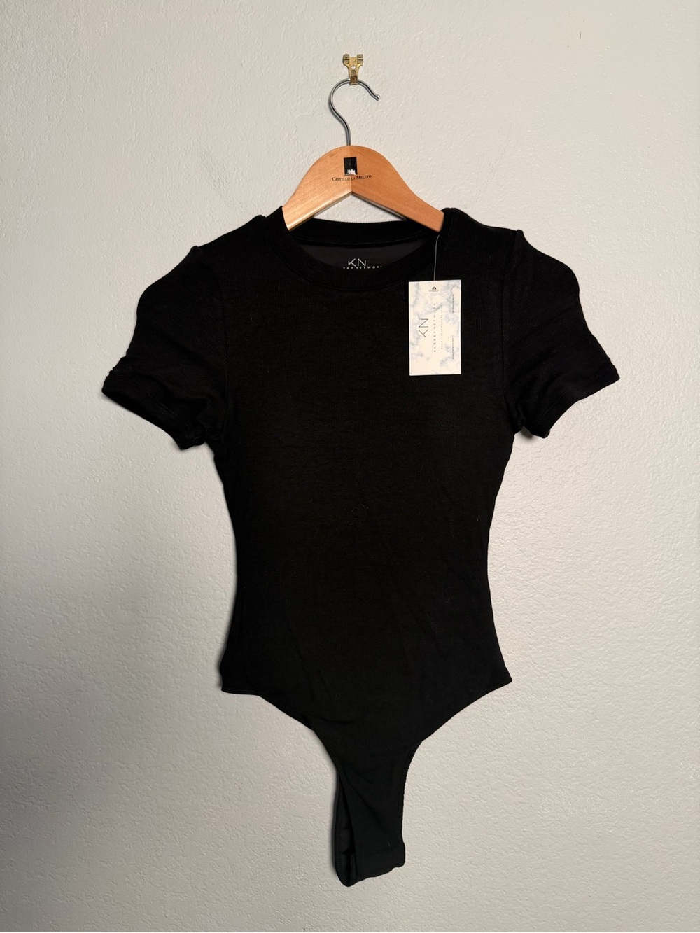 Klassy Network Black Short Sleeve Ribbed Brami Bodysuit Built in Bra